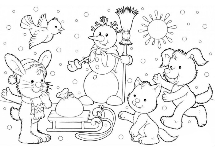 Animals in winter coloring page