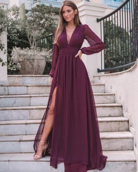 long sleeve wedding guest dresses Niche Utama 2 Burgundy Long Sleeves Wedding Guest Dresses Fall Chiffon V Neck-MyChicDress